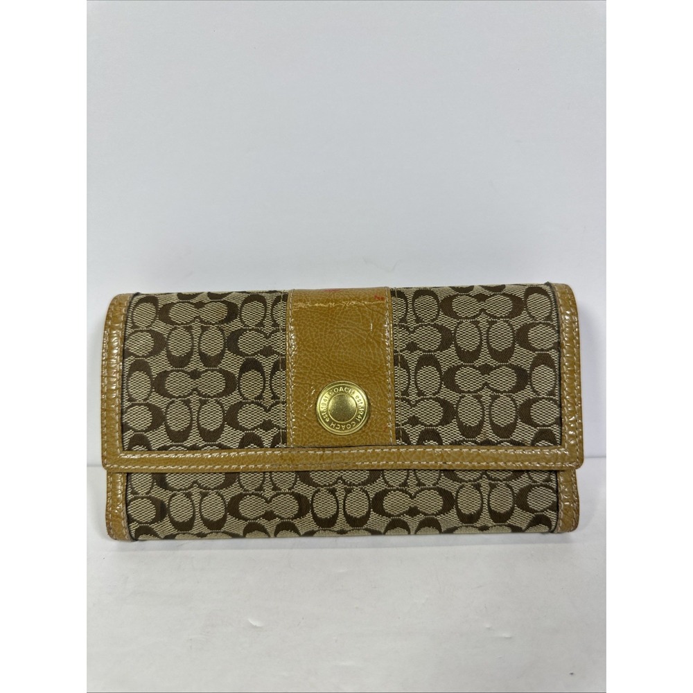 Coach Signature Canvas Patent Leather Trifold Wallet Khaki Tan Gold Hardware